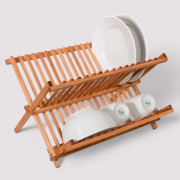 Dish Drying Rack 2 Tier Wood Folding Kitchen Storage Natural Brown Pine - Picture 8 of 11
